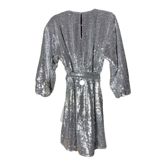 ANTHROPOLOGIE Lisabette Silver Sequin Long Sleeve Wrap Mini Dress Small NWT - Picture 13 of 15
